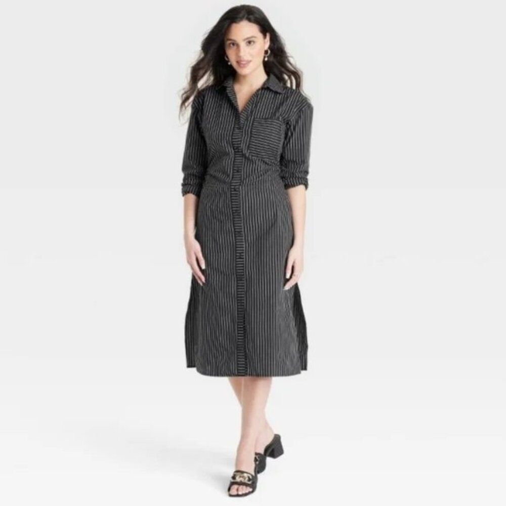 💚 A New Day Black Striped Button-Down Dress – Size: Large